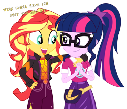 Size: 1298x1115 | Tagged: safe, artist:jcpreactyt, sci-twi, sunset shimmer, twilight sparkle, equestria girls, g4, clothes, cute, duo, duo female, female, lesbian, pants, shimmerbetes, ship:sci-twishimmer, ship:sunsetsparkle, shipping, shirt, simple background, skirt, sunlight, together, transparent background, twiabetes