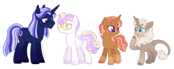 Size: 1024x408 | Tagged: safe, artist:hopenotfound, oc, oc only, hybrid, pegasus, pony, unicorn, female, glasses, interspecies offspring, magical lesbian spawn, male, mare, offspring, parent:discord, parent:fluttershy, parent:king sombra, parent:moondancer, parent:princess cadance, parent:saffron masala, parent:shining armor, parent:twilight sparkle, parents:discoshy, parents:shiningcadance, parents:twibra, simple background, stallion, transparent background