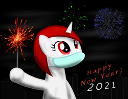 Size: 2420x1880 | Tagged: safe, artist:strategypony, oc, oc only, oc:ruby, pony, unicorn, 2021, coronavirus, covid-19, face mask, fireworks, hoof hold, mask, new year, sparkler (firework)