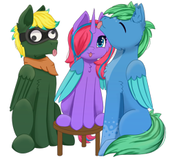 Size: 1300x1200 | Tagged: safe, artist:morrigun, oc, oc only, pegasus, pony, unicorn, 2021 community collab, derpibooru community collaboration, blue eyes, clothes, eyes closed, goggles, googly eyes, scarf, simple background, stool, tongue out, transparent background, wings