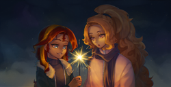 Size: 1500x768 | Tagged: safe, artist:stummm, adagio dazzle, sunset shimmer, equestria girls, g4, :o, clothes, female, happy new year, holiday, jacket, lesbian, night, open mouth, scarf, ship:sunsagio, shipping, smiling, sweater, winter