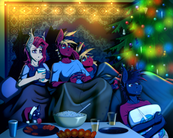 Size: 2500x2000 | Tagged: safe, artist:twotail813, oc, oc only, oc:gear, oc:nightsun, oc:twotail, oc:xarxe blackhoof, bat pony, cat, pegasus, anthro, bat pony oc, bat wings, blanket, brother and sister, christmas, christmas lights, christmas tree, console, female, food, high res, holiday, male, new year, pegasus oc, playing, siblings, tree, winged anthro, wings