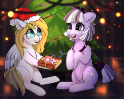 Size: 2500x2000 | Tagged: safe, artist:freak-side, oc, oc:bright calm, oc:misty light, earth pony, pegasus, pony, christmas, christmas lights, christmas tree, high res, holiday, present, tree