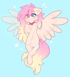 Size: 2491x2748 | Tagged: safe, artist:_stellarsleep, oc, oc only, pegasus, pony, blue background, blushing, cheek fluff, chest fluff, choker, flying, high res, simple background, smiling, solo, sparkles, spread wings, wings