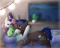 Size: 2500x2000 | Tagged: safe, artist:lionbun, oc, oc:blossom, oc:night shade, kirin, pony, unicorn, couple, cuddling, fullshade, high res, patreon, patreon reward, plushie