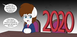 Size: 2380x1166 | Tagged: safe, artist:aarondrawsarts, oc, oc:brain teaser, earth pony, pony, 2020, 2020 hate, clothes, dialogue, earth pony oc, glasses, lawyer, male, stallion, suit, sweat, wat
