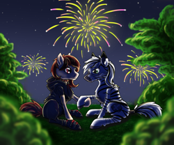 Size: 1764x1466 | Tagged: safe, artist:dragonofra, oc, oc only, oc:palatinatus clypeus, pony, zebra, boyfriend and girlfriend, couple, fireworks, new year, night