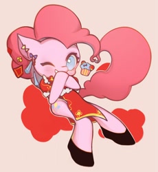 Size: 1000x1086 | Tagged: safe, artist:dengdengbobo, pinkie pie, earth pony, semi-anthro, g4, arm hooves, bow, cheongsam, clothes, cute, diapinkes, ear piercing, earring, food, jewelry, no pupils, one eye closed, piercing, shoes, solo