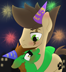 Size: 1618x1756 | Tagged: safe, artist:dyonys, oc, oc:lucky brush, oc:night chaser, blushing, drunk, fireworks, freckles, hat, hug, luckychaser, new year, new years eve, party hat, scar