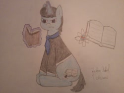 Size: 1040x780 | Tagged: safe, artist:niënor, oc, oc only, oc:mysterious science, pony, unicorn, angry, blue skin, book, clothes, male, simple background, traditional art, violet eyes