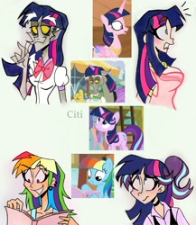 Size: 1747x2015 | Tagged: safe, artist:citi, screencap, discord, princess cadance, rainbow dash, starlight glimmer, human, a matter of principals, g4, the lost treasure of griffonstone, three's a crowd, what about discord?, alternate hairstyle, breasts, busty princess cadance, clothes, cosplay, costume, crossdressing, femboy discord, humanized, mane swap, manebow sparkle, scene interpretation, screencap reference, twilight wig, wig