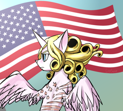 Size: 1300x1170 | Tagged: safe, artist:ktk's sky, alicorn, pony, american, american flag, banner, crossover, curly hair, flag, funny valentine, jojo's bizarre adventure, male, ponified, president, scar, solo, star spangled banner, united states, wings