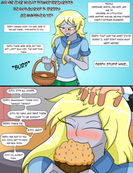 Size: 1275x1650 | Tagged: safe, artist:dywtba-alt-universe, derpy hooves, oc, oc:juto, equestria girls, g4, :3, basket, blushing, breasts, busty derpy hooves, comic, delivery, eating, eyes closed, food, hand on head, happy, i just don't know what went wrong, implied pinkie pie, muffin, offscreen character