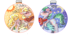 Size: 4000x2000 | Tagged: safe, artist:dreamyskies, oc, oc only, oc:dreamer skies, oc:sweetie shy, alicorn, pegasus, pony, alicorn oc, clothes, cyrillic, duo, flower, flower in hair, happy, happy new year, holiday, horn, oc x oc, panties, russian, shipping, simple background, tongue out, transparent background, underwear, wings