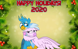 Size: 2064x1289 | Tagged: safe, artist:ejlightning007arts, gallus, silverstream, griffon, hippogriff, g4, blue christmas, christmas, female, friends, friendship, hearth's warming, holiday, hug, implied gallstream, looking at each other, lyrics in the description, male, new year, ship:gallstream, shipping, smiling, straight, youtube link, youtube link in the description