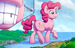 Size: 2500x1607 | Tagged: safe, artist:tsitra360, part of a set, pinkie pie, earth pony, human, pony, comic:pink box surprise, g4, balloonbutt, bridge, butt, city, clothes, commission, destruction, giant earth pony, giant pinkie pie, giant pony, growth, macro, micro, mouth hold, ocean, plane, plot, signature, tree, underhoof, water