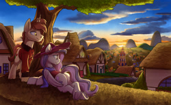 Size: 2200x1358 | Tagged: safe, artist:tsitra360, oc, oc only, pegasus, pony, unicorn, clothes, commission, cutie mark, hat, ponyville, scenery, smiling, sunset, town hall