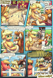 Size: 1080x1584 | Tagged: safe, artist:firefanatic, applejack, arizona (tfh), big macintosh, minnesota (tfh), cow, earth pony, pony, comic:friendship management, them's fightin' herds, g4, accent, barn, big grin, bruised, calf, comic, community related, dialogue, female, fence, fluffy, frightened, grin, hug, male, mare, onomatopoeia, security hug, smashing, smiling, sound effects, stallion, teary eyes, udder, what is hoo-man, worried, y'all