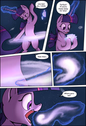 Size: 1772x2598 | Tagged: safe, artist:shieltar, part of a set, twilight sparkle, pony, unicorn, comic:giant twilight, g4, comic, cute, dialogue, female, galaxy, giant pony, giant twilight sparkle, giantess, jewelry, macro, magic, mare, necklace, part of a series, pony bigger than a galaxy, pony bigger than a planet, pony bigger than a solar system, pony bigger than a star, pony heavier than a black hole, pony heavier than a galaxy, signature, size difference, solo, space, stars, tangible heavenly object, unicorn twilight