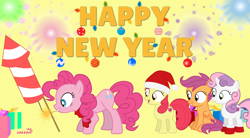 Size: 1000x550 | Tagged: safe, artist:agrol, apple bloom, pinkie pie, scootaloo, sweetie belle, earth pony, pegasus, pony, unicorn, g4, christmas, cutie mark crusaders, digital art, female, fireworks, happy new year, hat, holiday, hooves, horn, mare, mouth hold, new year, santa hat, simple background, tail, this will end in explosions, wings, yellow background