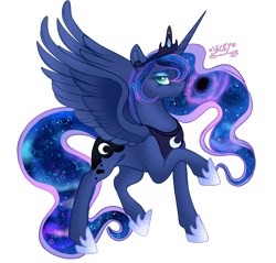 Size: 2714x2594 | Tagged: safe, artist:nightingalewolfie, princess luna, alicorn, pony, g4, crown, ethereal mane, feathered wings, female, high res, hoof shoes, jewelry, mare, raised hoof, regalia, simple background, solo, spread wings, starry mane, transparent background, wings