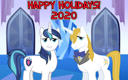 Size: 2064x1296 | Tagged: safe, artist:not-yet-a-brony, idw, prince blueblood, shining armor, pony, unicorn, friends forever #26, g4, my little pony: friends forever, ambassador, christmas, crystal empire, friends, friendship, hearth's warming, holiday, lyrics in the description, male, new year, prince, song reference, stallion, winter, youtube link, youtube link in the description