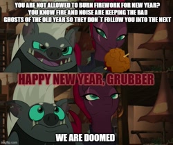 Size: 597x499 | Tagged: safe, edit, edited screencap, screencap, grubber, tempest shadow, pony, unicorn, g4, my little pony: the movie, caption, happy new year, holiday, image macro, mouthpiece, text