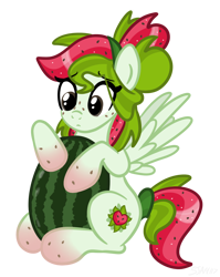 Size: 1536x1928 | Tagged: safe, artist:sjart117, oc, oc only, oc:watermelana, pegasus, pony, female, food, freckles, gradient hooves, holding, insecure, looking down, mare, simple background, sitting, solo, transparent background, watermelon, worried