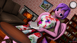 Size: 3840x2160 | Tagged: safe, artist:moonlyrain, oc, oc:raining moon, anthro, 3d, anthro oc, book, bookshelf, clock, clothes, couch, dress, fireplace, high res, holding book, painting, table, wings