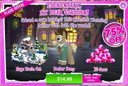Size: 1049x703 | Tagged: safe, gameloft, screencap, john p. wheatson, earth pony, pony, g4, advertisement, clothes, costs real money, gem, hat, huge train set, introduction card, male, solo