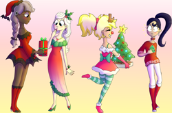 Size: 2796x1843 | Tagged: safe, artist:northernlightsone, inky rose, lily lace, moonlight raven, sunshine smiles, bat, human, g4, alternate hairstyle, antlers, belt, blushing, boot, boots, bra, bra strap, bracelet, choker, christmas, christmas sweater, christmas tree, clothes, commission, dark skin, dress, ear piercing, earring, eyes closed, eyeshadow, fake ears, female, gloves, grin, group, hat, high heel boots, high heels, holiday, holly, humanized, jewelry, kneesocks, makeup, nail polish, necklace, open mouth, pants, piercing, present, red nose, red nosed, reindeer antlers, santa hat, shoes, siblings, sisters, smiling, socks, spiked choker, stocking feet, striped socks, sweater, tights, tree, underwear