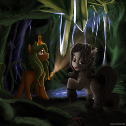 Size: 1881x1881 | Tagged: safe, artist:exploretheweb, oc, oc only, oc:selketo, oc:valentora, bat pony, pony, spider, wingless bat pony, cave, couple, crystal, curly mane, fangs, female, flashlight (object), gradient hooves, jewelry, looking up, magic glow, male, married couple, piercing, scared, shine, shipping, smiling, solo, spider web, stalactite, straight, striped mane, stripes, water, wingless