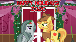 Size: 2064x1161 | Tagged: safe, anonymous artist, braeburn, marble pie, earth pony, pony, g4, barn, braeble, brokeback mountain, cheek kiss, christmas, female, flower, flower in hair, hearth's warming, holiday, holly, indoors, kiss mark, kissing, lipstick, looking at each other, lyrics in the description, male, movie reference, new year, shipping, smiling, song reference, straight, this will end in love, youtube link, youtube link in the description