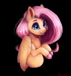 Size: 2238x2380 | Tagged: safe, artist:miokomata, fluttershy, pegasus, pony, g4, black background, bust, chest fluff, colored hooves, cute, ear fluff, female, folded wings, freckles, freckleshy, high res, looking at you, mare, shyabetes, simple background, smiling, solo, three quarter view, wings