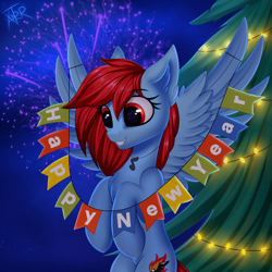 Size: 3000x3000 | Tagged: safe, artist:xanter, oc, oc only, pegasus, pony, chest fluff, cute, ear fluff, female, fireworks, garland, happy new year, high res, holiday, mare, night, open mouth, solo, spread wings, tree, wings