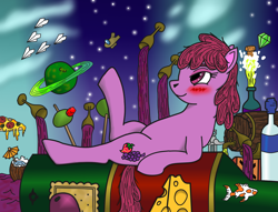 Size: 1656x1265 | Tagged: safe, artist:assertiveshypony, berry punch, berryshine, earth pony, fish, goldfish, pony, g4, alcohol, among us, barrel, blushing, bottle, champagne, cheese, cloud, coconut cup, corkscrew, crackers, crewmate, crystal, cutie mark, day, day and night, detailed background, digital art, drawing, dream, drunk, emerald, female, food, goblet, grape, lying on bottle, mare, night, olive, paper airplane, pizza, planet, raised hoof, raised leg, rum, sea of wine, smiling, solo, stars, that pony sure does love alcohol, this will end in hangover, vodka, wine, wine bottle