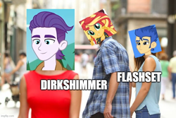 Size: 750x500 | Tagged: safe, dirk thistleweed, flash sentry, sunset shimmer, equestria girls, g4, dirkshimmer, distracted boyfriend meme, female, male, meme, ship:flashimmer, shipping, straight