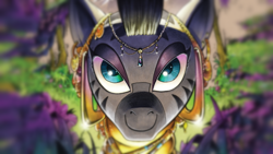 Size: 3840x2160 | Tagged: safe, artist:andy price, edit, idw, zecora, pony, zebra, g4, spoiler:comic, spoiler:comic92, female, high res, jewelry, looking at you, solo, wallpaper