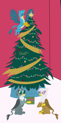 Size: 5000x10000 | Tagged: safe, artist:shooting star, gabby, gallus, gilda, griffon, g4, beak, blushing, christmas, christmas presents, christmas tree, holiday, paws, present, smiling, tree, wings