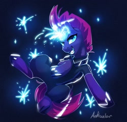 Size: 1397x1349 | Tagged: safe, artist:anticular, tempest shadow, pony, unicorn, g4, 2021, action pose, armor, broken horn, electricity magic, female, happy new year, holiday, horn, looking at you, magic, mare, midair, open mouth, smiling, solo, sparkles