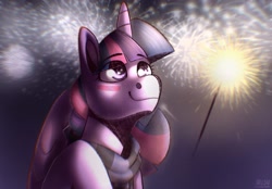 Size: 2048x1423 | Tagged: safe, artist:lrusu, twilight sparkle, alicorn, pony, g4, 2021, blushing, clothes, eye clipping through hair, female, fireworks, happy new year, holiday, mare, new year, scarf, smiling, solo, sparkler (firework), twilight sparkle (alicorn)