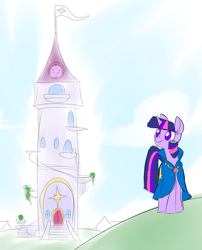 Size: 819x1012 | Tagged: safe, artist:metal-kitty, twilight sparkle, pony, unicorn, g4, alternate universe, archmage, cloak, clothes, female, flag, mage, mare, solo, tower, twilight's cutie mark, unicorn twilight, wizard