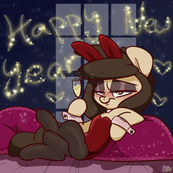 Size: 2500x2500 | Tagged: safe, artist:lou, oc, oc only, oc:louvely, pony, alcohol, bedroom eyes, bunny ears, bunny suit, champagne glass, clothes, cuffs (clothes), eyeshadow, fishnet stockings, happy new year, high res, holiday, leotard, lipstick, looking at you, lounging, makeup, new year, pantyhose, solo