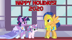 Size: 2064x1161 | Tagged: safe, artist:not-yet-a-brony, flash sentry, princess flurry heart, twilight sparkle, alicorn, pony, g4, the last problem, armor, aunt and niece, auntie twilight, canterlot castle, christmas, clothes, coronation dress, cute, dress, family, female, flurrybetes, have yourself a merry little christmas, hearth's warming, heartwarming, holiday, knight, looking at each other, lyrics in the description, male, new year, older, older flurry heart, princess, reunion, royal guard armor, second coronation dress, ship:flashlight, shipping, smiling, straight, twilight sparkle (alicorn), uncle flash, youtube link, youtube link in the description
