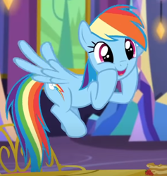 Size: 576x608 | Tagged: safe, screencap, rainbow dash, pegasus, pony, castle sweet castle, g4, cropped, cute, dashabetes, excited, flying, open mouth, smiling, solo, spread wings, wings