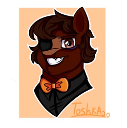 Size: 944x950 | Tagged: safe, artist:tohor_durachok, oc, oc only, earth pony, pony, abstract background, bowtie, bust, clothes, earth pony oc, eyepatch, grin, male, signature, smiling, solo, stallion