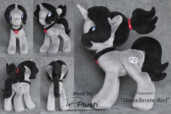 Size: 1307x871 | Tagged: safe, artist:wdeleon, oc, oc only, oc:monochrome reel, pony, unicorn, craft, female, irl, jewelry, mare, multiple angles, necklace, photo, plushie, ponytail, solo, standing, toy