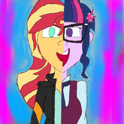 Size: 768x768 | Tagged: safe, artist:kleinerguyarts, sci-twi, sunset shimmer, twilight sparkle, equestria girls, g4, my little pony equestria girls: friendship games, art, deleted scene, digital, duet, glasses, song, what more is out there