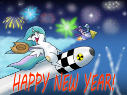 Size: 1600x1200 | Tagged: safe, artist:banebuster, princess celestia, starlight glimmer, trixie, alicorn, pony, unicorn, series:tiny tia, g4, 2021, cowboy hat, dr. strangelove, eyes closed, female, fireworks, happy new year, hat, holiday, mare, missile, nuclear weapon, open mouth, pointy ponies, rocket, this will end in death, this will not end well, toy interpretation, trixie's rocket, weapon