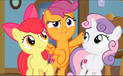 Size: 1140x709 | Tagged: safe, screencap, apple bloom, scootaloo, sweetie belle, g4, the last crusade, bipedal, cropped, cutie mark crusaders, smiling, trio
